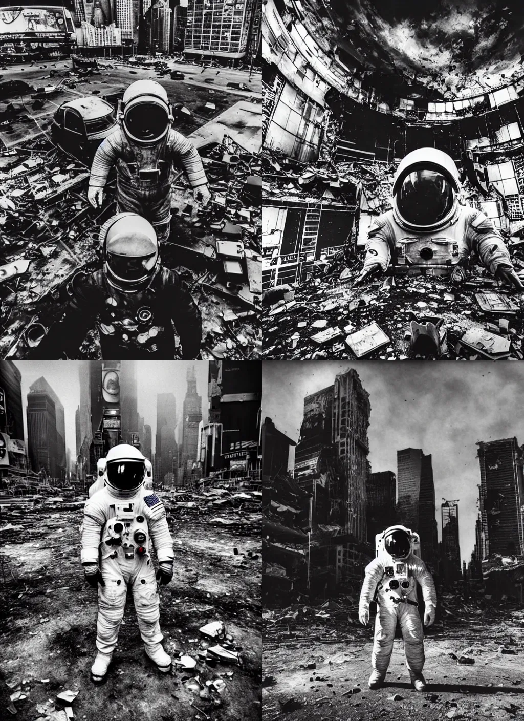 Prompt: grayscale!!! american white spacesuit astronaut with oversized helmet in postapocalyptic abandoned destroyed times square, wrecked buildings, destroyed flipped wrecked cars, giant crater in distance, polaroid photograph!, specks, dirty, stains, dramatic dark imax color still