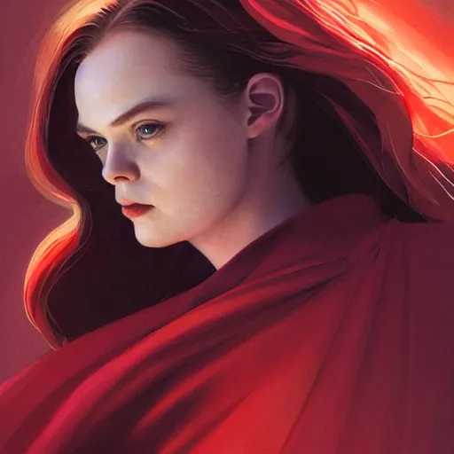 Prompt: portrait of modern darna, elle fanning as scarlett witch in prey, intricate, elegant, dark vibes, highly detailed, digital painting, artstation, glamor pose, concept art, smooth, sharp focus, illustration, art by wlop, mars ravelo and greg rutkowski