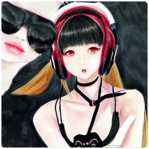 Prompt: realistic beautiful gorgeous natural cute Blackpink Lalisa Manoban black hair fur black cat ears, wearing white camisole summer outfit, headphones, black leather choker artwork drawn full HD 4K highest quality in artstyle by professional artists WLOP, Aztodio, Taejune Kim, Guweiz on Pixiv Instagram Artstation