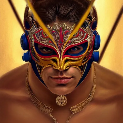 Prompt: portrait of lucha libre dj, muscular, fantasy, intricate, elegant, highly detailed, digital painting, artstation, concept art, smooth, sharp focus, illustration, art by artgerm and greg rutkowski and alphonse mucha