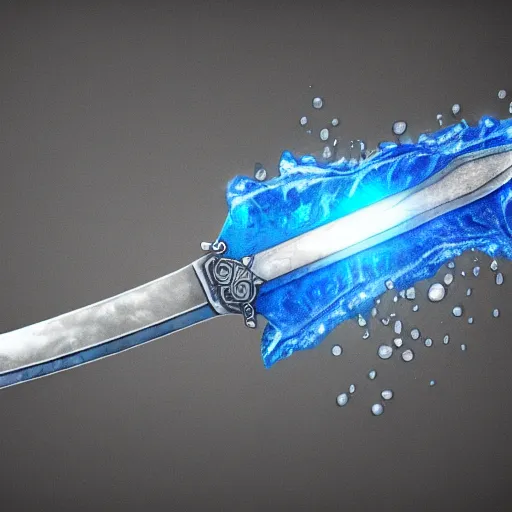 Prompt: a sword with its blade made of water and a silver handle with a blue gem on it, illustration, digital art, extremely detailed, realistic, trending on artstation