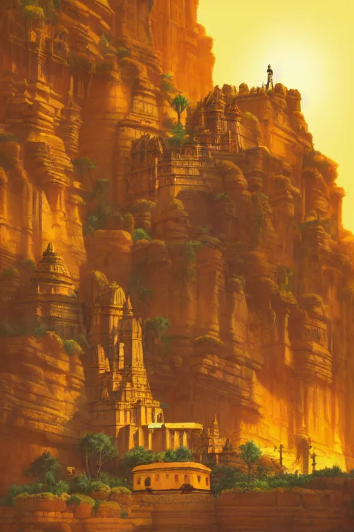 Image similar to ancient indian temple built into canyon walls, monks standing around golden statue glowing yellow, light streaks in the sky, floating planets and moons, dramatic lighting, artstation, matte painting, ralph mcquarrie, simon stalenhag