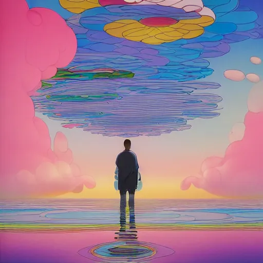 Image similar to a man walking on clouds away from the camera above a lake by takashi murakami, beeple and james jean, aya takano color style, 4 k, super detailed, modern, 4 k, symmetrical