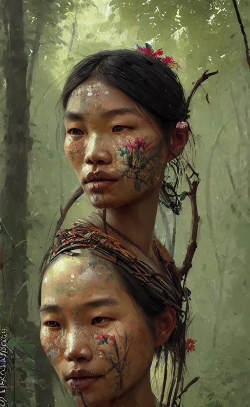 Image similar to detailed portrait of a tribal woman with asian eyes and thick lip forest girl, flowers and trees, by ismail inceoglu dragan bibin hans thoma greg rutkowski alexandros pyromallis nekro rene maritte illustrated, perfect face, fine details, realistic shaded, fine - face, pretty face