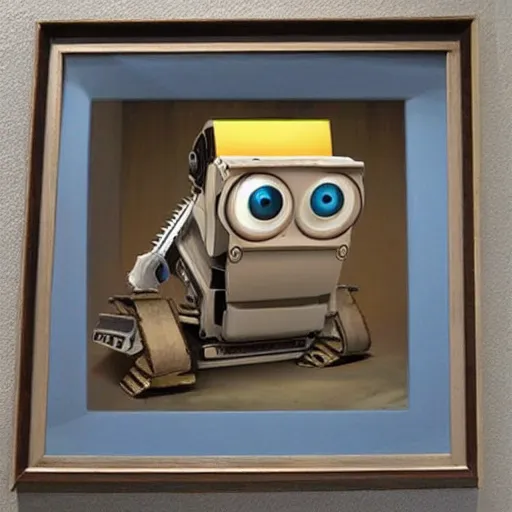 Prompt: wall-e with head of salvador dalí surprised