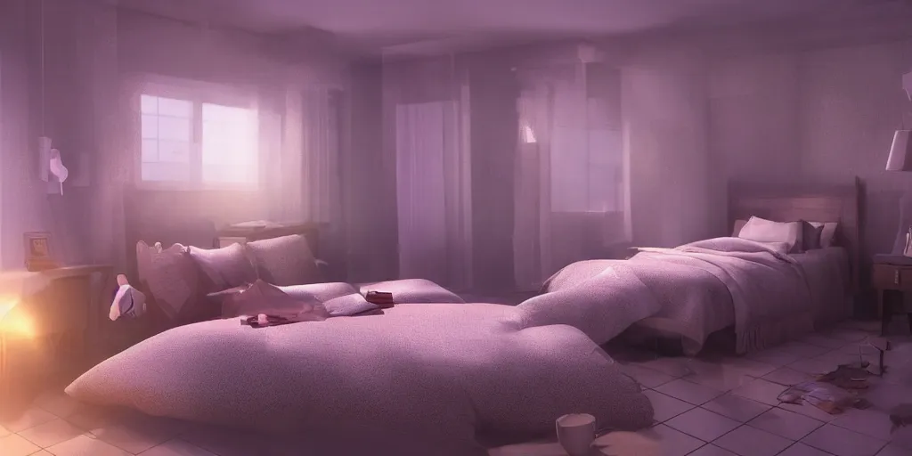 Image similar to beautiful bedroom at night, award - winning digital art, anime, volumetric lighting