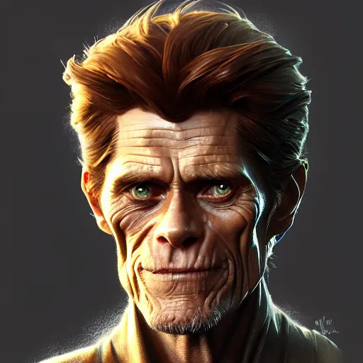 Image similar to Willem Dafoe, closeup, D&D, fantasy, intricate, elegant, highly detailed, digital painting, artstation, concept art, matte, sharp focus, illustration, hearthstone, art by Artgerm and Greg Rutkowski and Alphonse Mucha