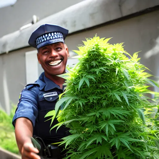 Image similar to police man harvesting weed with a smile, sharp, 8k, detailed face