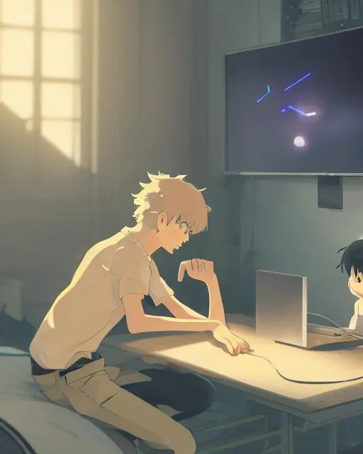 Prompt: a boy and a goldendoodle dog are sitting at a desk in front of a bright computer screen in a bedroom by night, anime concept art, illustrated by Makoto Shinkai, 4k