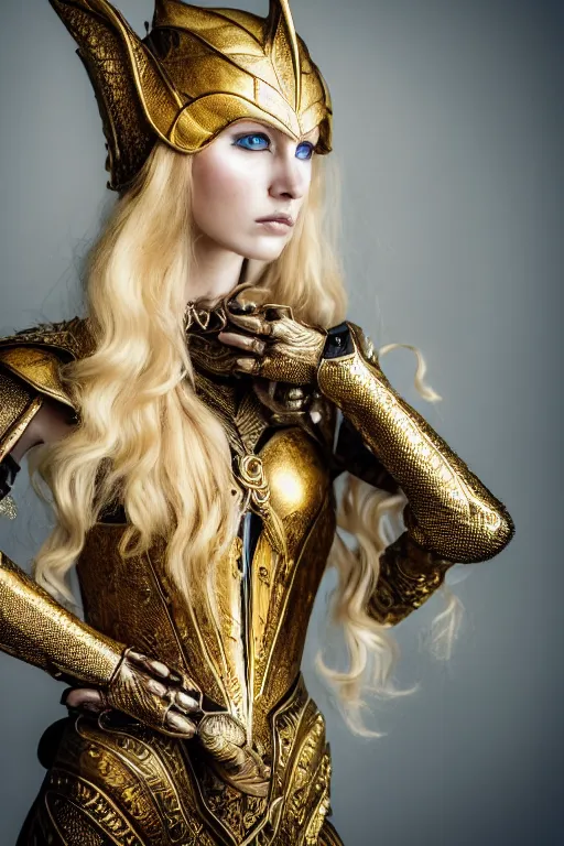 Image similar to very beautiful elven top model, golden hair, wearing gucci gothic victorian armor with leaves and flowers, luxury materials, symmetrical, cinematic, elegant, professional studio light, real dlsr photography, sharp focus, 4 k, ultra hd, sense of awe, high fashion