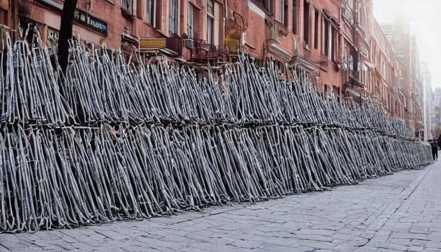 Image similar to chairs piled up ten meters high along the walls of the street, hyperrealistic shaded