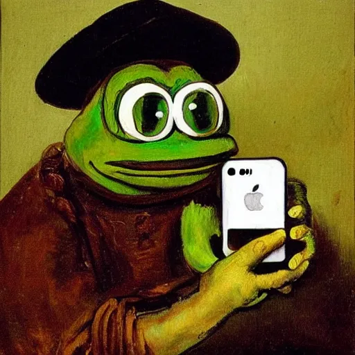 Prompt: a painting of Pepe the frog of 4chan holding an iPhone made by Rembrandt van Rijn