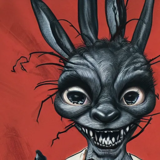 Prompt: A extremely highly detailed majestic hi-res beautiful, highly detailed head and shoulders portrait of a scary terrifying, horrifying, creepy maniacal crazy black cartoon rabbit with scary big eyes, earing a shirt laughing maniacally , let's be friends, in the style of Walt Disney