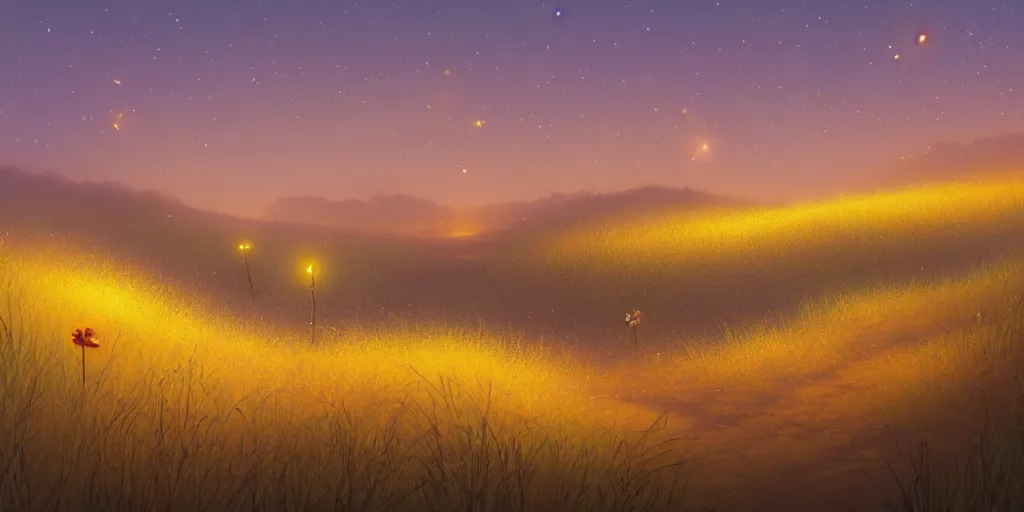 Image similar to fireflies in a sandy desert inspired by Evgeny Lushpin,flower meadow,spring,cinematic,trending on ArtStation