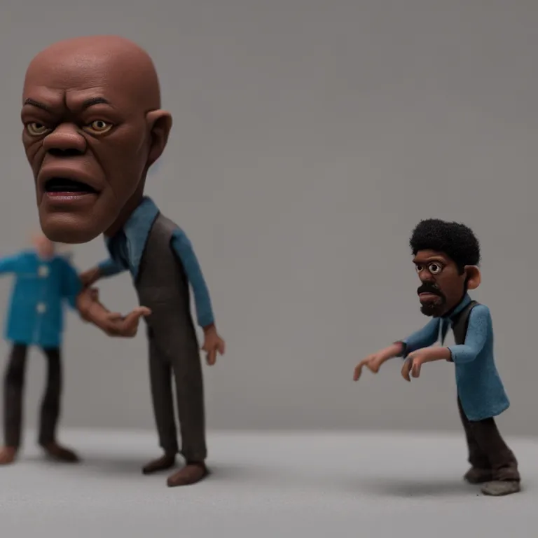 Image similar to a cinematic film still of a claymation stop motion film starring samuel l jackson, shallow depth of field, 8 0 mm, f 1. 8