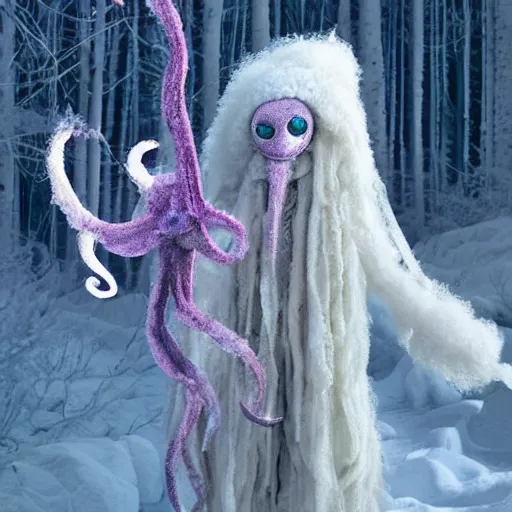 Image similar to a cute but unnerving fluffy humanoid ethereal ghost like live action muppet wraith like alien figure with a squid shaped parasite overtaking its head with four long tentacles for arms that flow gracefully at its sides while it floats around the frozen woods searching for lost souls and that hides amongst the shadows in the trees, this character can control the ice and snow and has mastery of the shadows, it is a real muppet by sesame street, photo realistic, real, realistic, felt, stopmotion, photography, sesame street