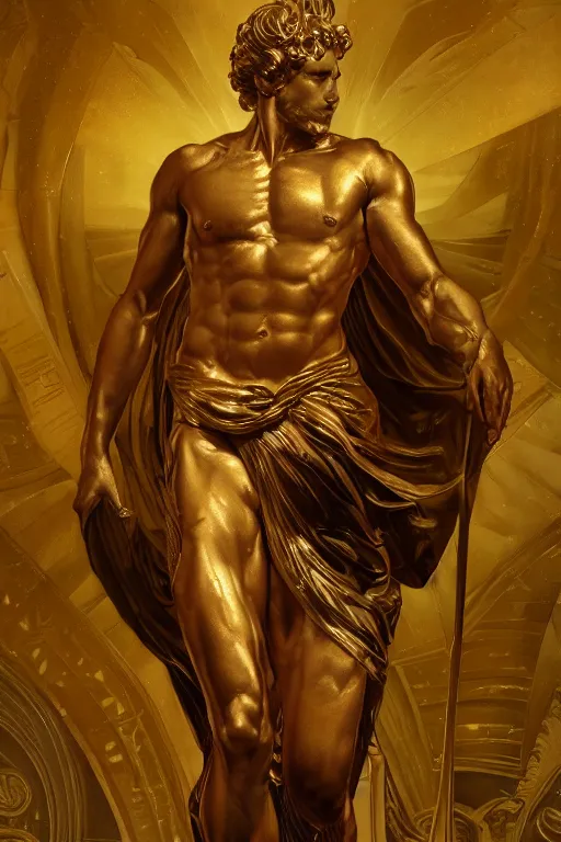 Image similar to ultra realistic illustration, a golden statue of a herculean glenn howerton as the god apollo, intricate, elegant, highly detailed, digital painting, artstation, concept art, smooth, sharp focus, illustration, art by artgerm and greg rutkowski and alphonse mucha