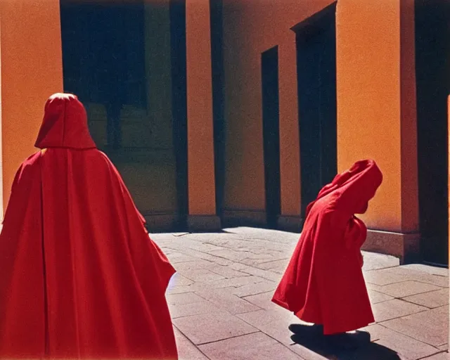 Image similar to by francis bacon, vivian maier, mystical redscale photography evocative. religious relics, priestess in red capirote