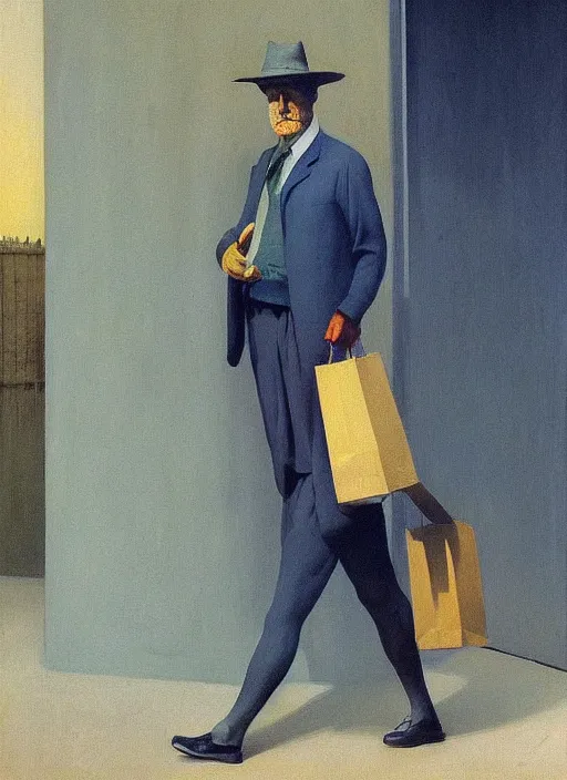 Image similar to man with a paper bag over the head and a sward shopping Edward Hopper and James Gilleard, Zdzislaw Beksinski, Steven Outram highly detailed