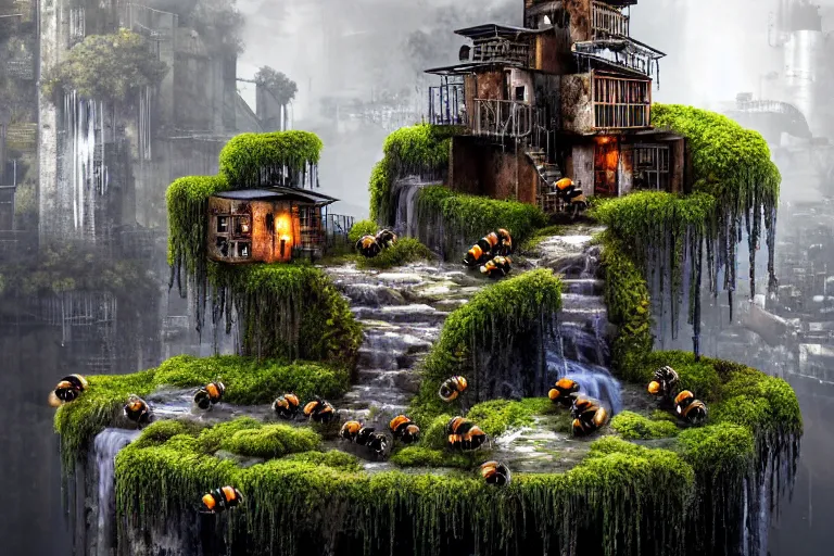 Image similar to gothic waterfall favela honeybee hive, brutalist environment, industrial factory, award winning art, epic dreamlike fantasy landscape, ultra realistic,