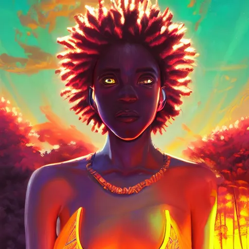 Image similar to afro - cyberpunk deities and their creations, gods and men, manifesting dreams with ancestral magic in a modern world | hyperrealistic oil painting | by makoto shinkai, ilya kuvshinov, lois van baarle, rossdraws, basquiat | afrofuturism, in the style of hearthstone, trending on artstation | dark color scheme