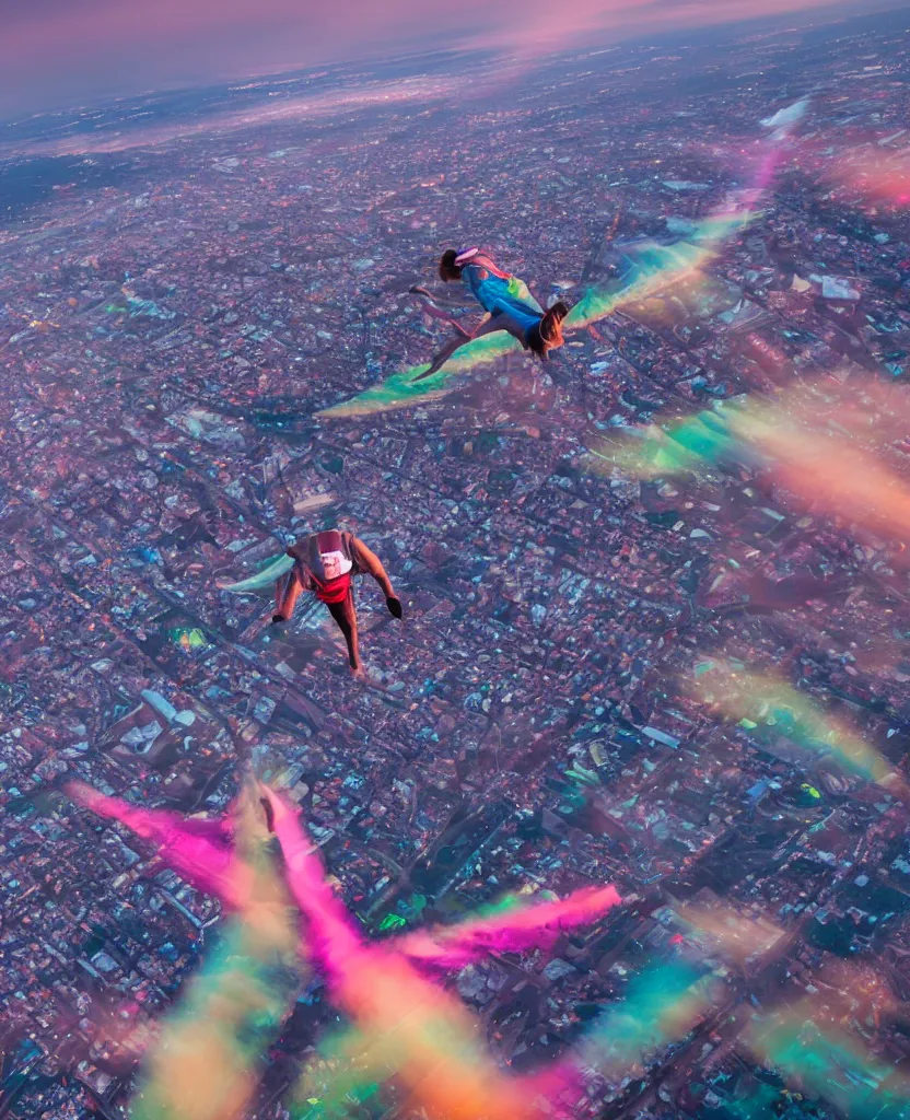 Image similar to a student flying upwards through iridescent clouds at dusk in a lit up city