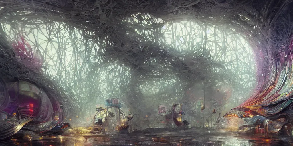 Prompt: a beautiful insanely detailed photo from a modern metro station surounded by intricate detailed color smashing fluid oilpaint, 3 d render, hyper realistic detailed, sharp, melting wax, fluid acrilic, thin fractal tendrils, intense colors, scifi, fantasy, insanely detailed, octane render, concept art, by peter mohrbacher, by wlop, by ruan jia