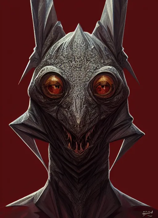 Prompt: anthropomorphic triangle head in edgy darkiron bat mr. bean, intricate, elegant, highly detailed animal monster, digital painting, artstation, concept art, smooth, sharp focus, illustration, art by artgerm, wayne barlowe, trending on artstation and greg rutkowski and alphonse mucha, 8 k