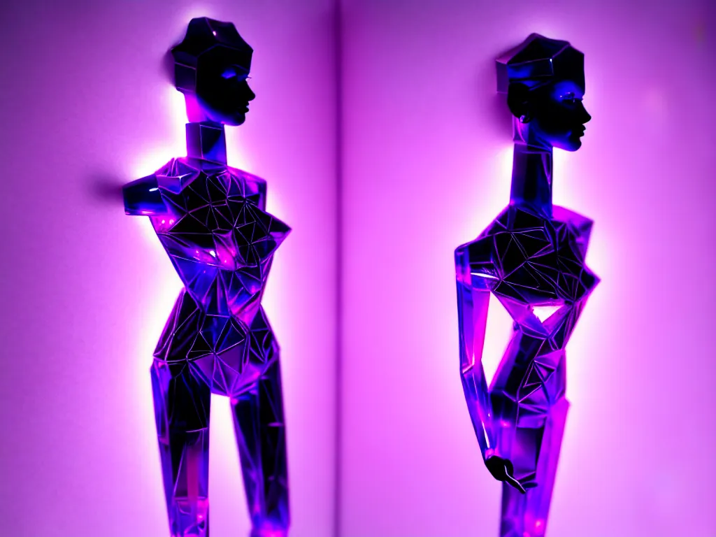 Image similar to beautiful mannequin sculpted out of amethyst by billelis + lit with purple 3 d geometric neon + chrome geometric cubed bonsai plants!!!!, doorway opening with neon pink geometric light, clean linework, dramatic, finely detailed, rule of thirds, moody, confident, award winning, 4 k, trending on artstation, photorealistic, volumetric lighting, octane render