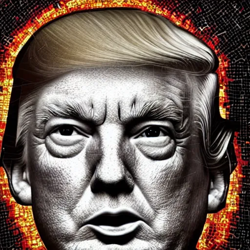 Image similar to portrait mosaic of trump with robot eyes, 4k, intricate details, digital, between heaven and hell