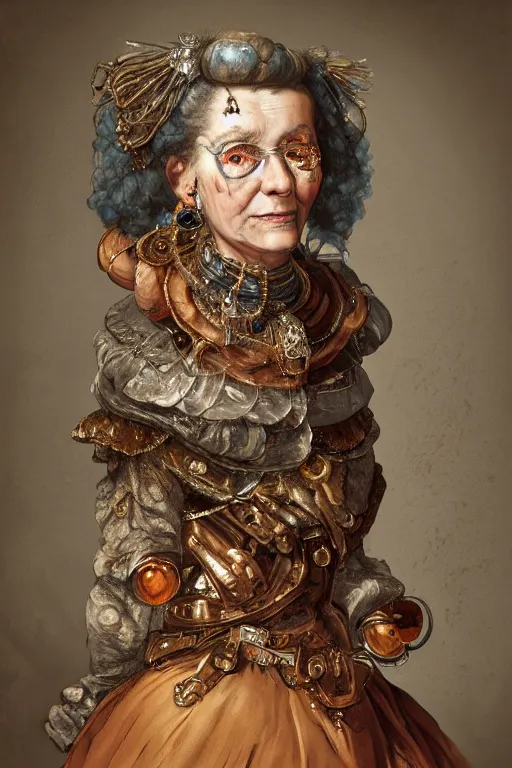 Prompt: portrait, headshot, digital painting, of a old 17th century, old lady cyborg merchant, amber jewels, implants, baroque, ornate clothing, scifi, futuristic, realistic, hyperdetailed, chiaroscuro, concept art, art by frans hals