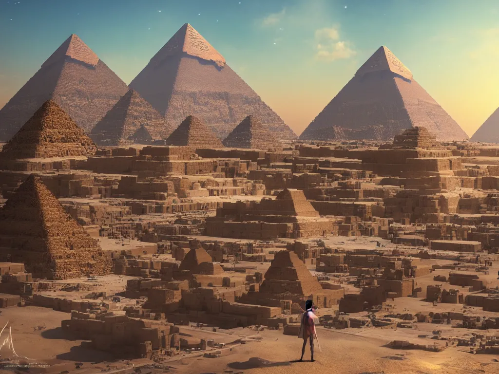 Image similar to photography of an egyptian god standing in front of the giza pyramid, fantasy ,volumetric lighting, intricate, elegant, hyperdetailed matte painting, highly detailed, digital painting, artstation, smooth, sharp focus, illustration, art by Makoto Shinkai and artgerm, hyperrealism, hyperrealistic, cinematic masterpiece, fantasy style 8k ultrahd octane render