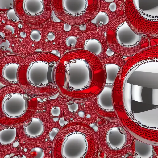 Prompt: chrome spheres on a red cube, kinetic photography