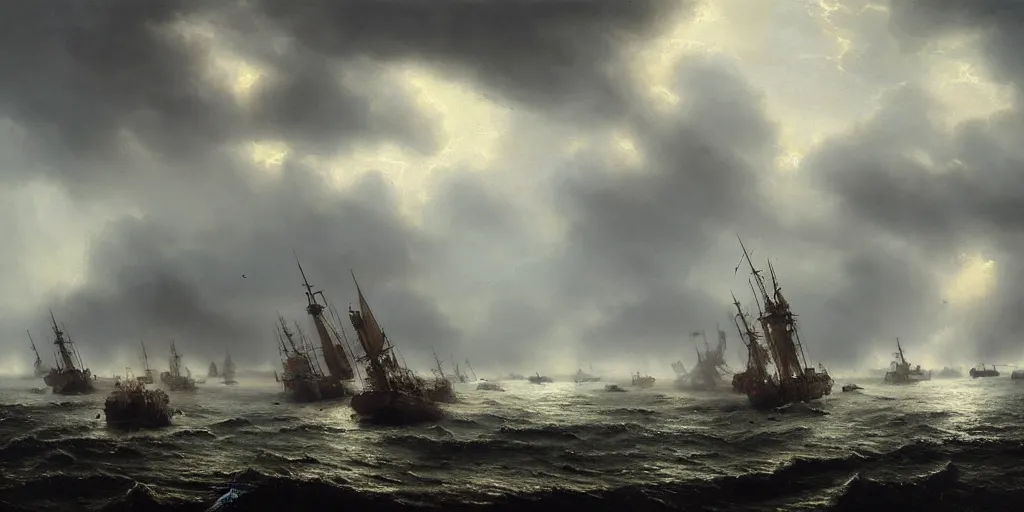 Image similar to Hyper realistic oil painting of a medieval fleet being sunk, stormy weather, dark clouds, fog, moody cinematic lighting, atmospheric, dark, by Greg Rutkowski, trending on artstation