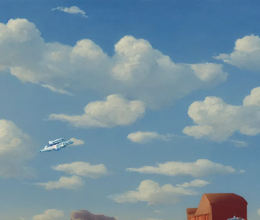 Prompt: a very detailed painting of a spaceship in the sky, spaceship in the style of shaun williams on artstation, baby blue sky with very aesthetic clouds, in the style of edward hopper and huggo pondz, very fine brushstrokes, 4 k,