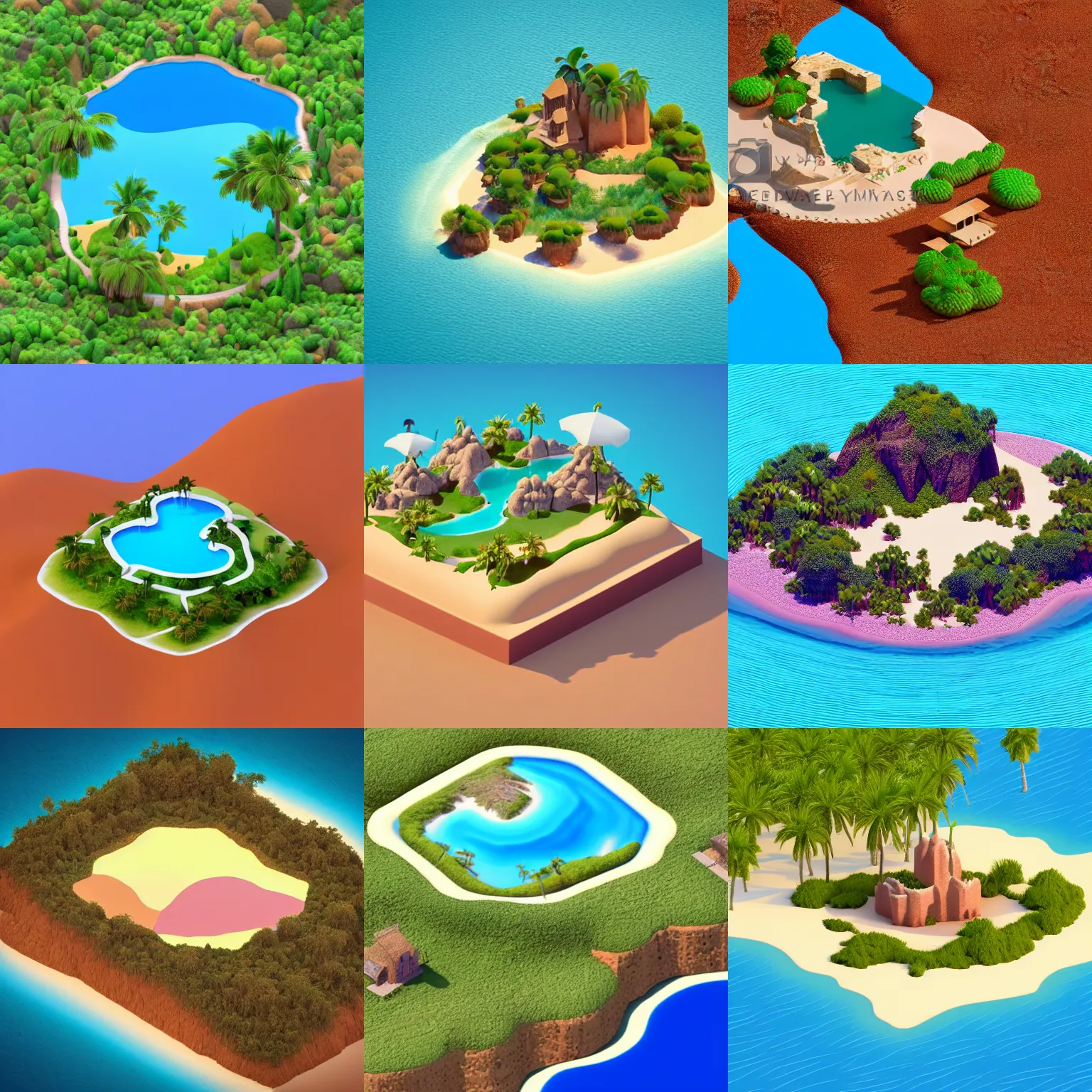 Prompt: isometric 3d Render of island with desert and lake, island is on the center of an image, on the island there is mountains with sand, water, and house, no background, medium poly, blender eevee render