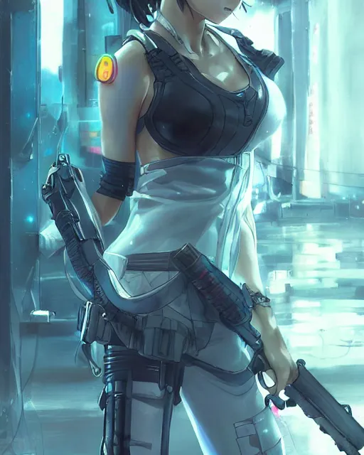 Image similar to nami, anime key visual of a young female swat officer, neon, cyberpunk, futuristic, white clothing, black vest, swat helmet, stunning, highly detailed, digital painting, smooth, soft focus, illustration, 4 k digital art from artstation by artgerm and greg rutkowski and alphonse mucha