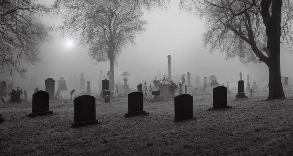 Prompt: Cinematic still of creepy cemetery by the river thames at night, thick mist fills the ground, directed by Wes Craven