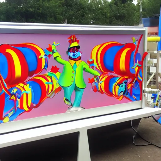 Image similar to dancing laughing clowns, fairground airbrush art on fairground equipment