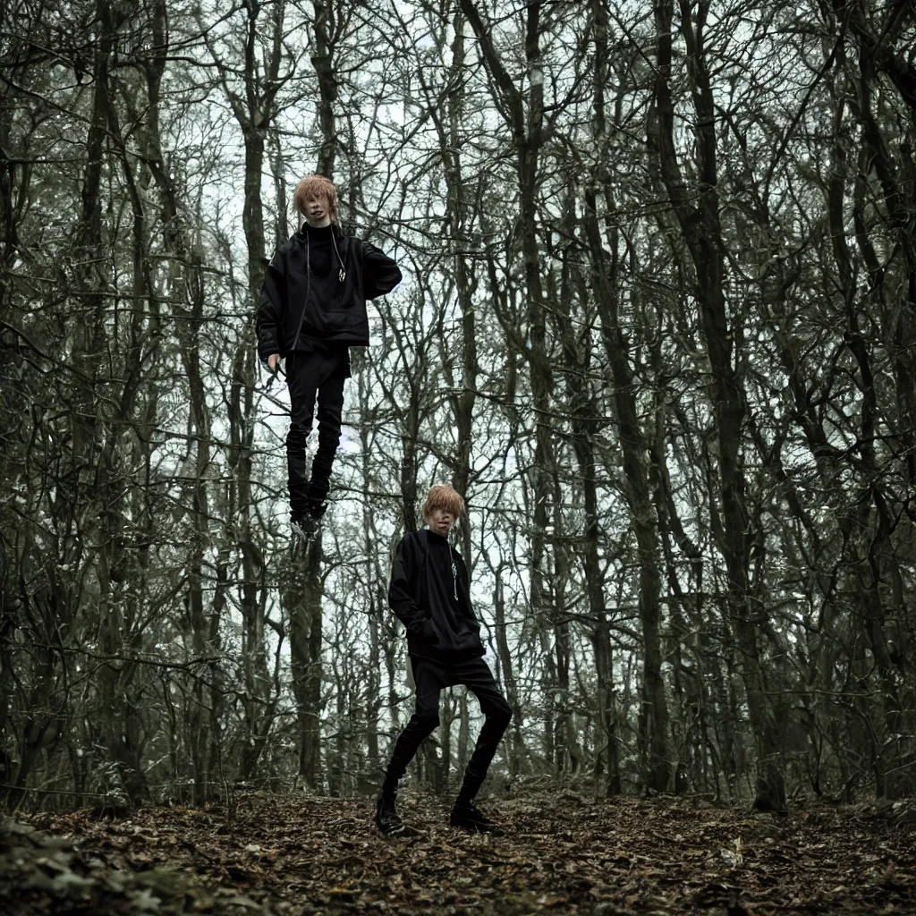 Image similar to cinematic still of bladee in dark forest, XF IQ4, f/1.4, ISO 200, 1/160s, 8K, RAW, dramatic lighting, symmetrical balance, in-frame