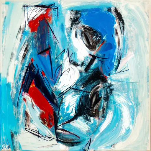 Prompt: chaotic abstract expressionism painting of a face, blue color palette,