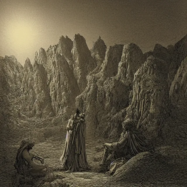 Image similar to etching by Franklin Booth and Gustav Doré showing frightened sorcerer in the desert by night, surrounded by nightmares in the shadows, mystic athmosphere, by Greg Rutkowski, deformed rocks, snakes, scorpions, UHD, 8K,