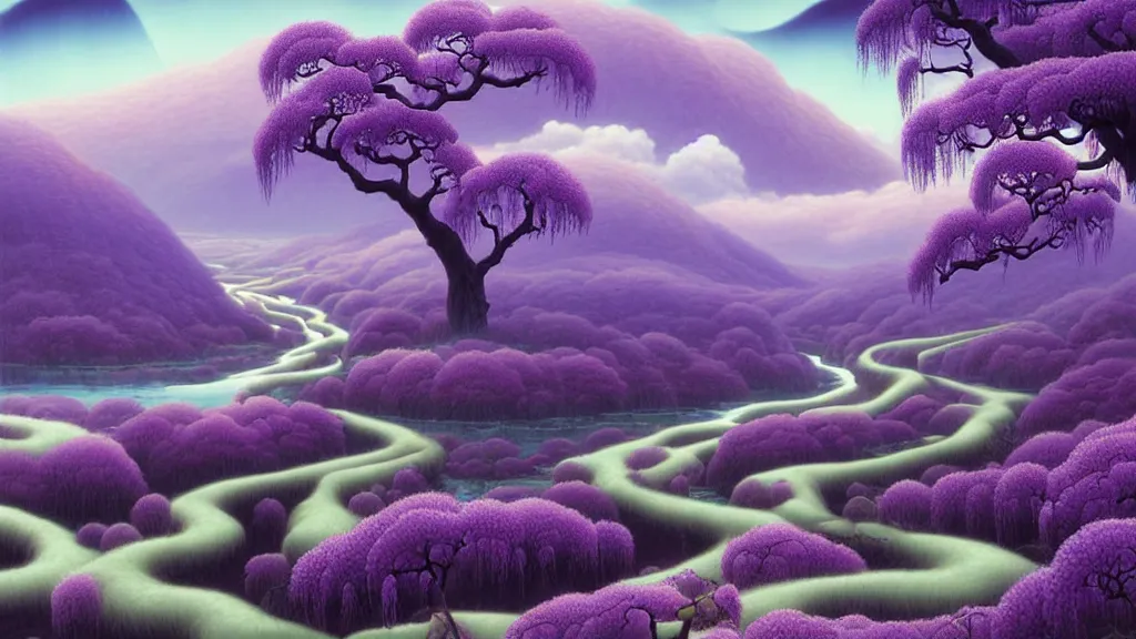 Image similar to digital painting of a lush sinuous river valley by gerald brom. purple river. cold icy day. chiho aoshima. wisteria. digital render. detailed. beautiful landscape.