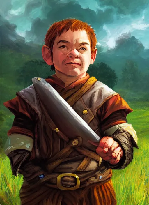 Image similar to A fantasy comic book roleplaying game style portrait painting of a halfling fighter on a beautiful meadow, DAZ, hyperrealistic, ambient light, dynamic light