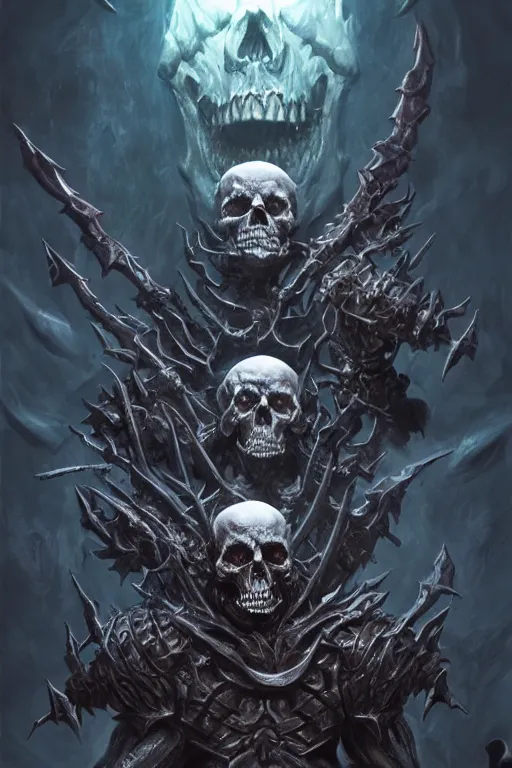 Image similar to death lord stand on skulls, highly detailed, d & d, fantasy, highly detailed, digital painting, trending on artstation, concept art, sharp focus, illustration, global illumination, ray tracing, realistic shaded, art by artgerm and greg rutkowski and fuji choko and viktoria gavrilenko and hoang lap,