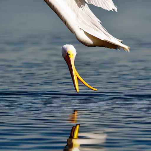 Image similar to awardwinning nature photography portrait of a white pelican in full flight above the ocean as seen from below. extremely highly detailed beak