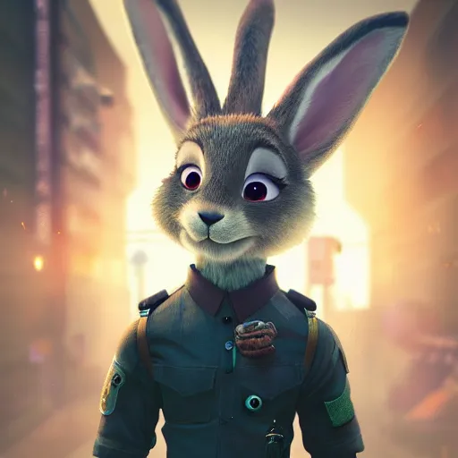 Image similar to portrait of a incredibly cute bunny killer rabbit, zootopia, cgi, blade runner, cyberpunk background, trending on artstation