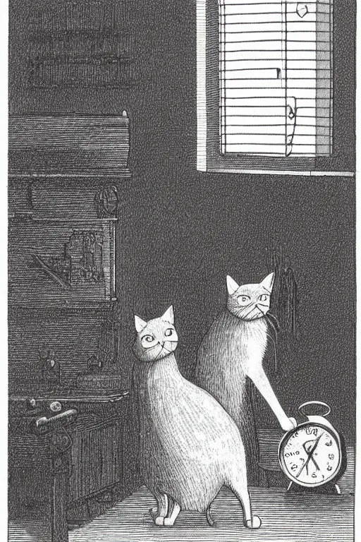 Prompt: cat standing next to alarm clock, holding a fork and knife in his paws, image from old textbook by John Kenn Mortensen