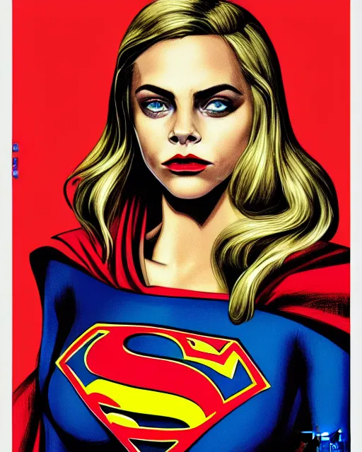 Prompt: high quality presentation digital print of a cara delevigne as supergirl, soviet poster art style black red white, head and shoulders