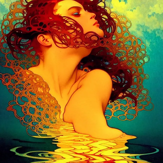 Image similar to mind bending indigo ocean waves of glossy psychedelic liquid honey flowing like kaleidoscopic translucent amber, lsd waves, honey ripples, dramatic sunset, refracted lighting, art by collier, albert aublet, krenz cushart, artem demura, alphonse mucha